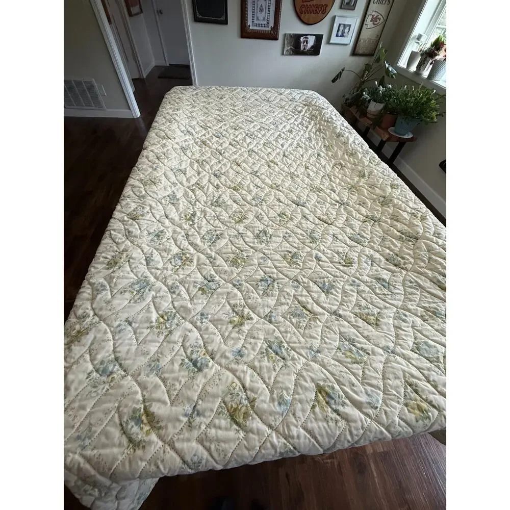Cottagecore Floral Quilt Bedspread Vintage Style Pastel Blue Green Full Queen